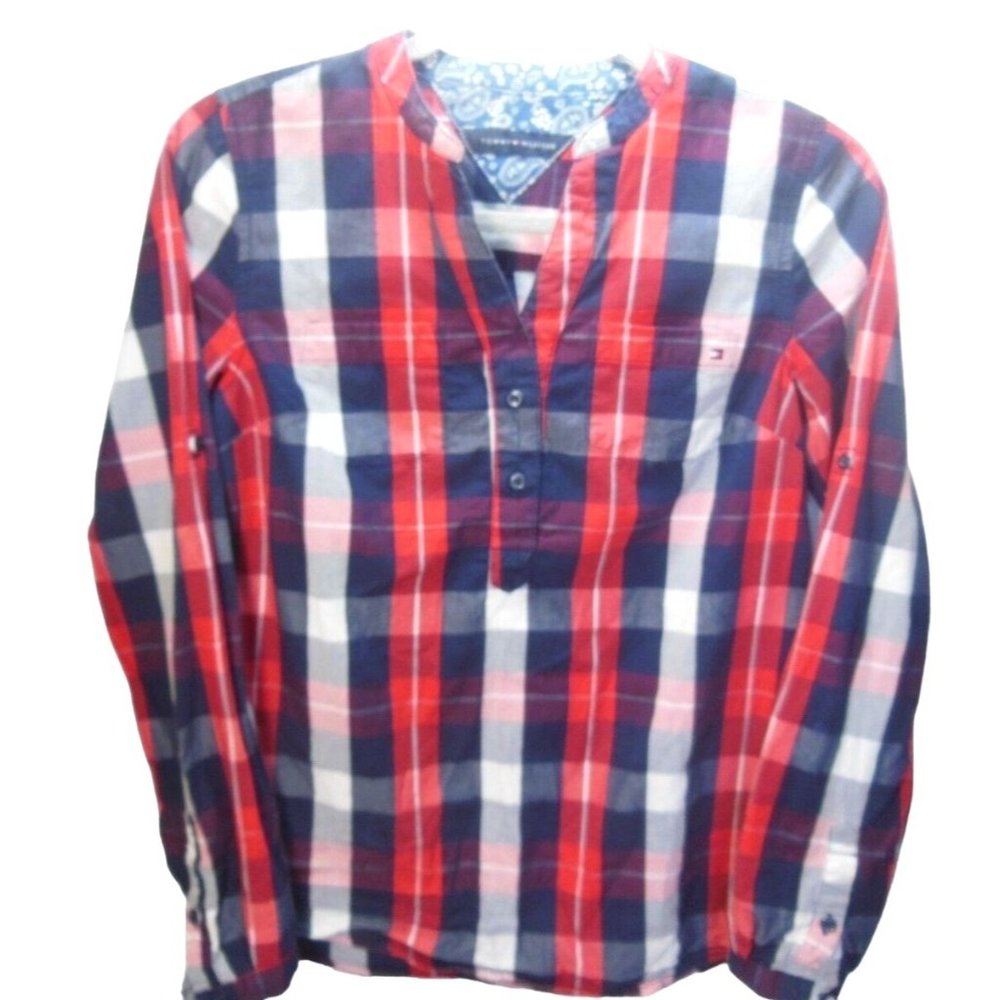 Tommy Hilfiger Cotton Plaid Shirt Women's  XSm  Button Roll Tab Sleeve 2 pocket